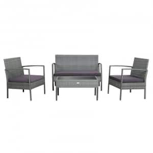 4-Pieces Rattan Outdoor Conversation Set with Purple Cushion