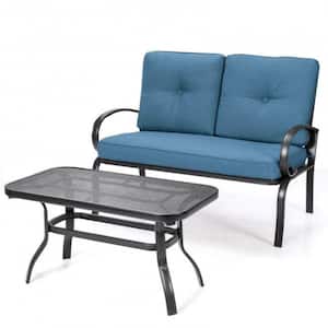 2-Piece Metal Outdoor Patio Fabric Loveseat and Table Set with Blue Cushion