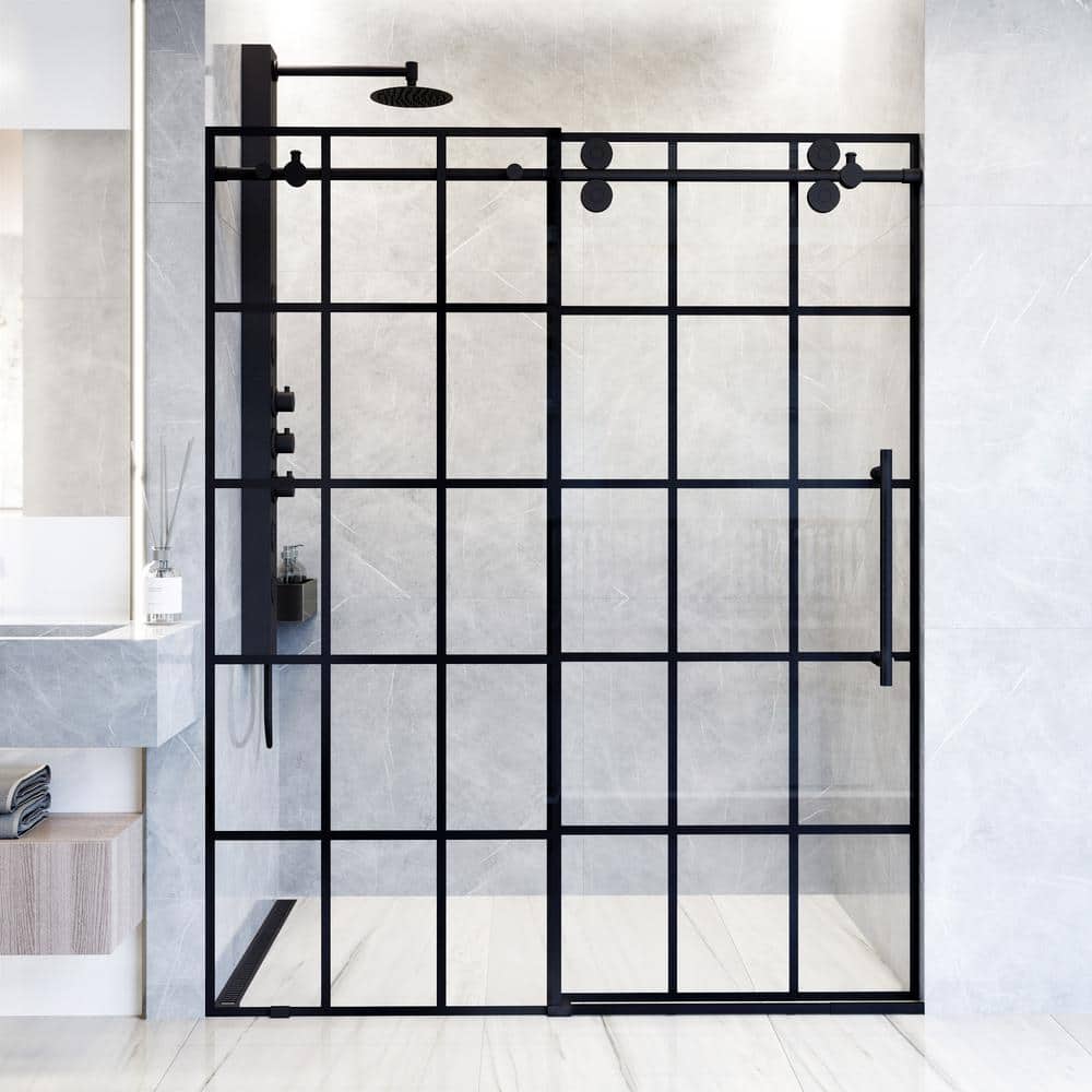 Elan 68-72" Matte Black Frameless Sliding Shower Door with Clear Grid Glass