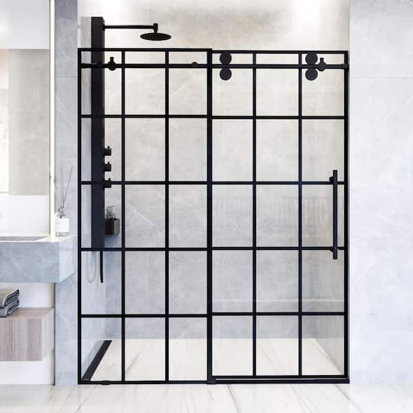 VIGO Elan 68 to 72 in. W x 74 in. H Sliding Frameless Shower Door in Matte Black with 3/8 in. (10mm) Clear Grid Glass