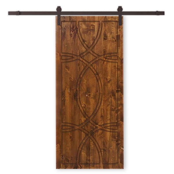 30 in. x 80 in. Walnut Stained Pine Wood Modern Interior Sliding Barn Door with Hardware Kit