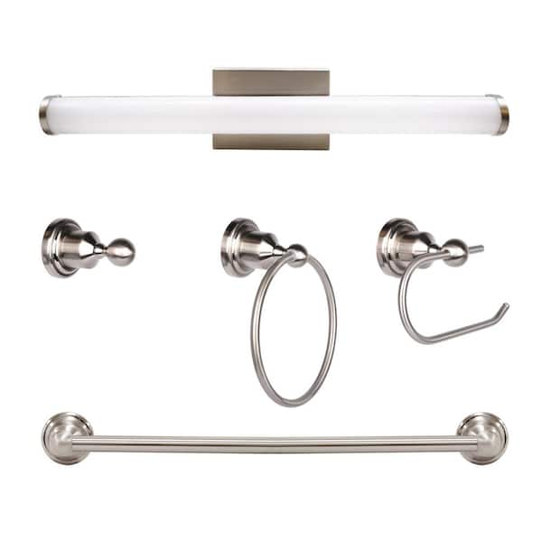 Lecoht 24 in. Brushed Nickel LED Vanity Light 3000K Warm White with Bathroom Set (5-Piece)