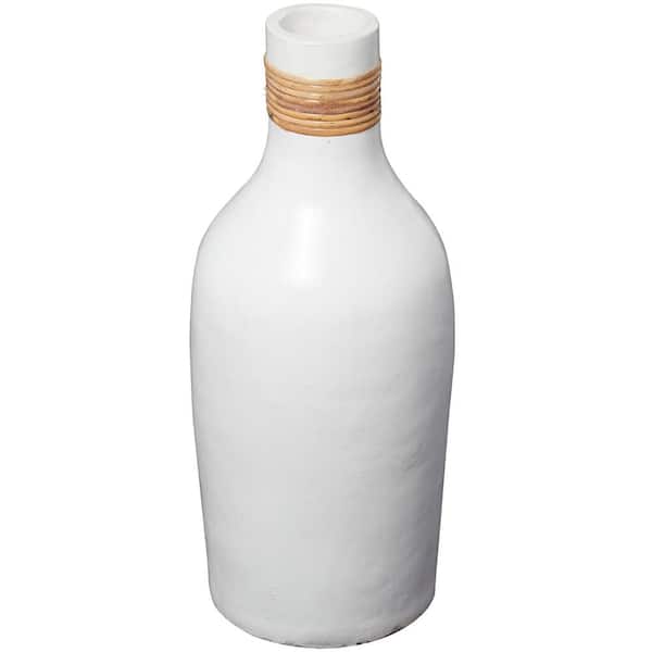 Litton Lane 20 in. White Ceramic Decorative Vase with Wrapped Rattan Detailing