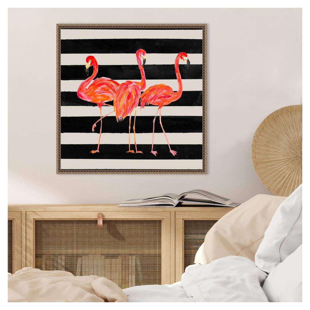 Vibrant Flamingo Trio on Black and White Striped Canvas Framed Wall Art 22 x 22