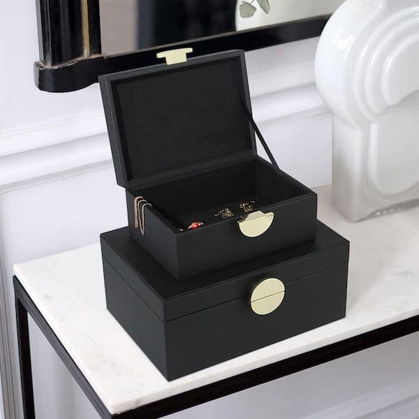 Black 9 in. x 4 in. Faux Leather Decorative Box Set of 2