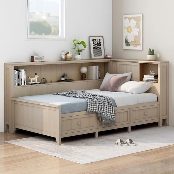 Antique White Twin Size Daybed with 3 Drawers and Storage Shelves