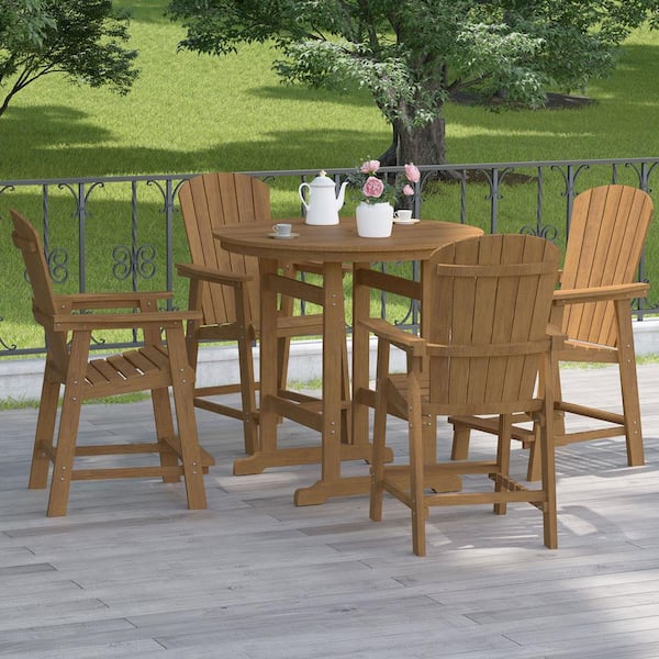 myhomore Teak 5-Piece HIPS Round Outdoor Dining Bar Set (4 Bar Chairs Plus 1 Bar Table)
