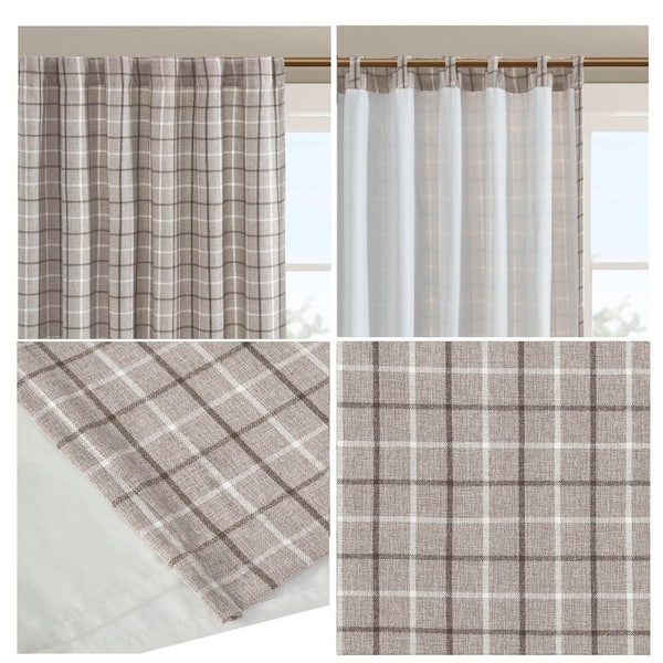 Salford Brown 50 in. W x 84 in. L Plaid Rod Pocket and Back Tab Curtain with Fleece Lining