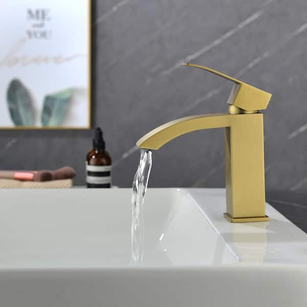 Single Handle Single Hole Bathroom Faucet without Deckplate Included and Spot Resistant in Brushed Gold