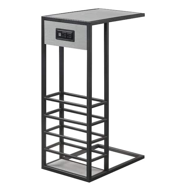 Loft Lyfe Javion Grey/Black End Table with Magazine Holder, 2-USB Charging Ports, 2-Outlets and Power Plug