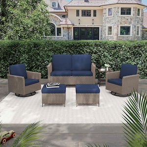 6 Piece Outdoor Wicker Patio Conversation Set with Blue Cushions, Loveseat, Ottoman, Side Table