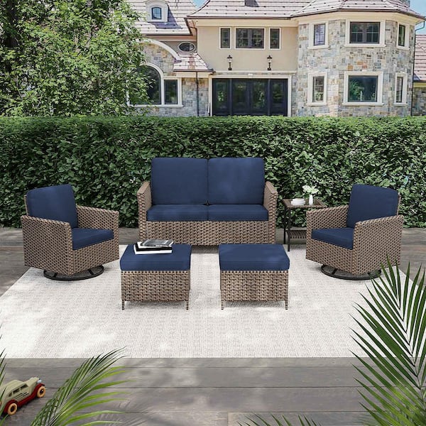 INMITOM 6 Piece Outdoor Wicker Patio Conversation Set with Blue Cushions, Loveseat, Ottoman, Side Table