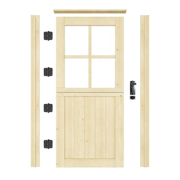 36 in. x 80 in. Solid Pine Universal 4-Lite Clear Glass Unfinished Dutch Wood Prehung Front Door +Quick Assemble Jamb
