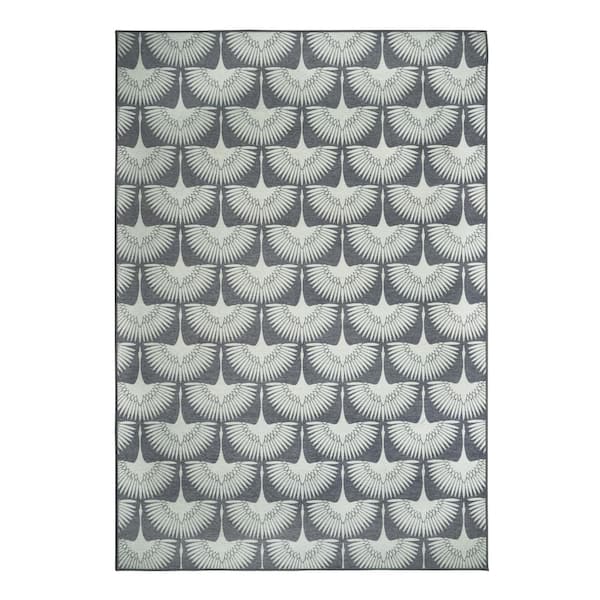 My Magic Carpet Flock Slate Grey/Off White Washable Rug 5 ft. x 7 ft. Area Rug