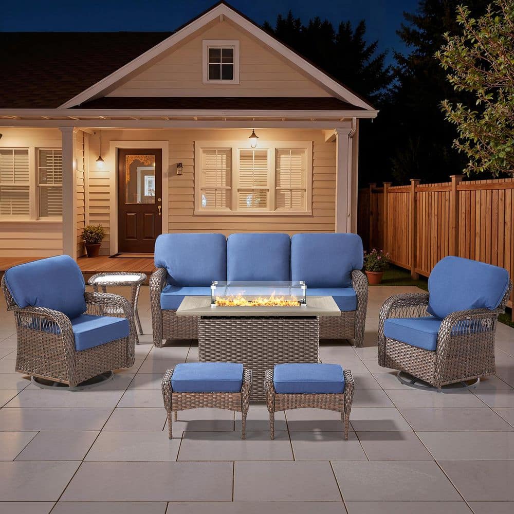 Tyber Brown Wicker 7-Piece Outdoor Conversation Set Patio Swivel Glider Furniture Sets with 5 in. Thick Blue Cushions price history on PriceWatchPro