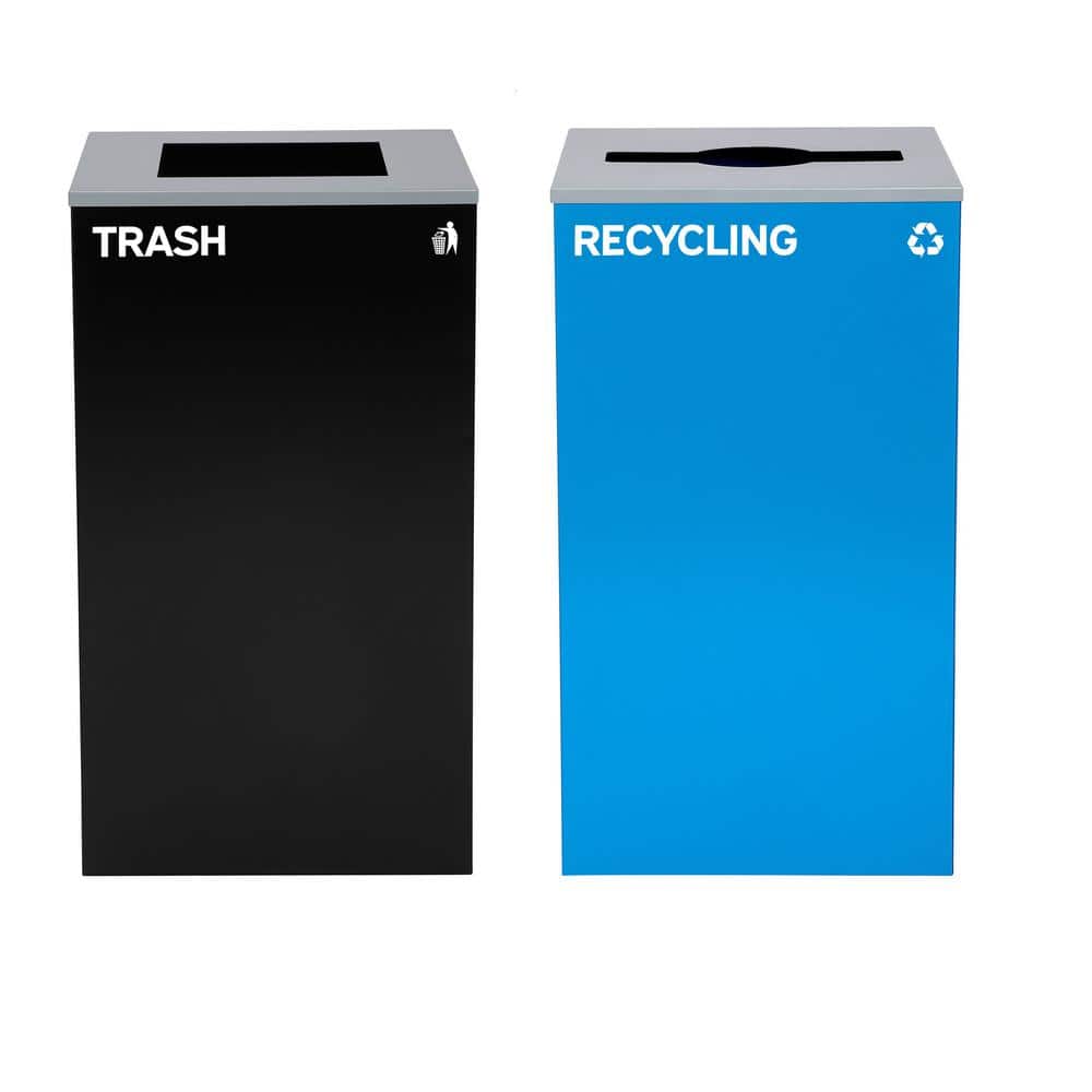 58 Gal. Black Open Top Commercial Trash Can Receptacle and Blue Recycle Bin