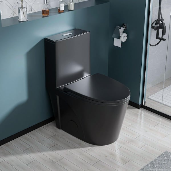 1-Piece 1.1/1.6 GPF Dual Flush Elongated Shape Ceramic Toilet in Black