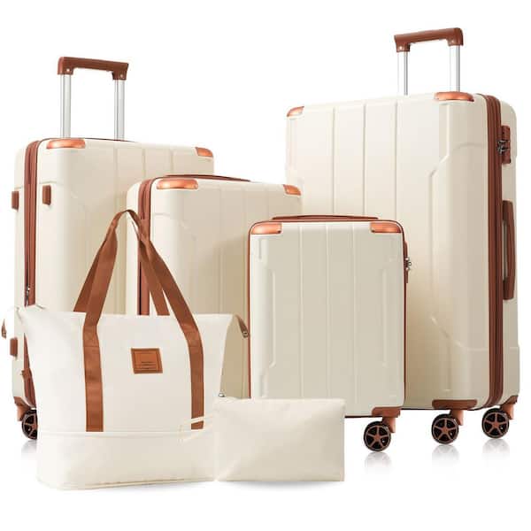 6-Piece White and Brown Expandable ABS Hardshell Spinner 16 in.20 in.24 in.28 Luggage Set with Duffel Bag Toiletry Bag