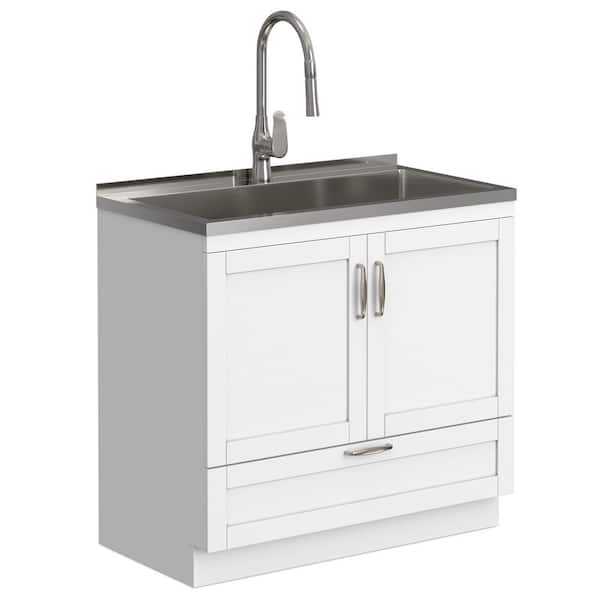 Reed All-In-One 36 in. Drop-In Utility Laundry Sink with Cabinet in Pure White