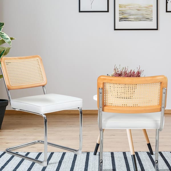 Unbranded Mid-Century Rattan Outdoor Dining Chair with Cane Backrest and Metal Base, Set of 2, with Waterproof White Cushion