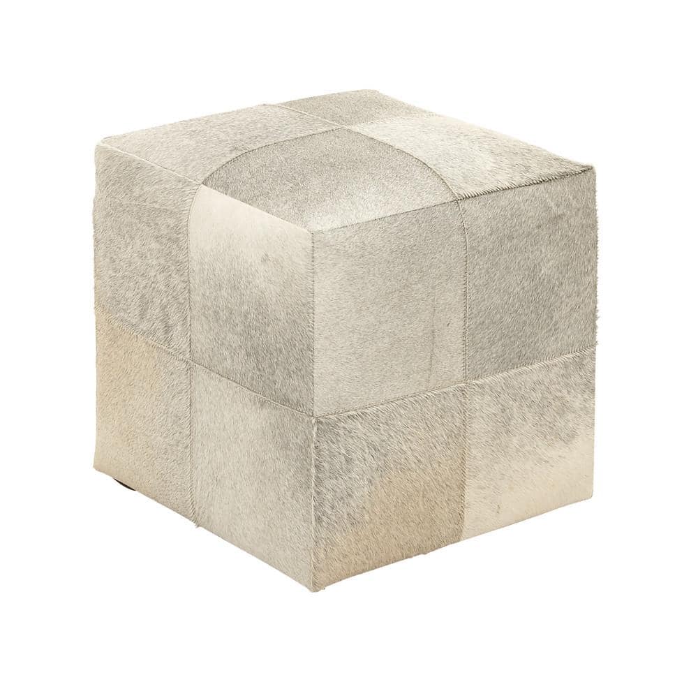 Contemporary Gray Cowhide Patchwork Pouf Ottoman, 16" Cube