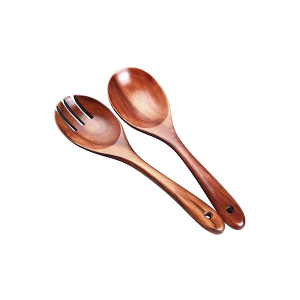 Acacia Finish Salad Servers Wooden Utensils Set 10.4 Inch Spoon and Fork Long Handle Ergonomic Kitchen Tools