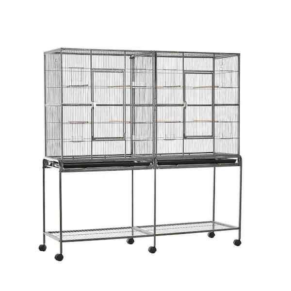 65" Double Rolling Metal Bird Cage Feeder with Detachable Rolling Stand, Storage Shelf, Wood Perch & Food Containe