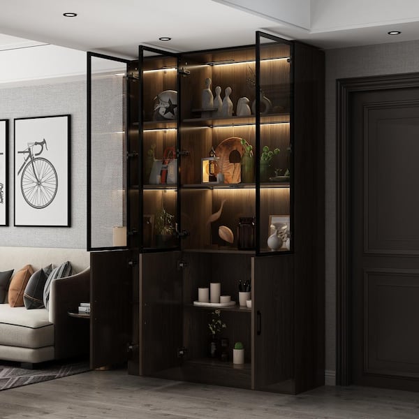 78.7 in. Tall Brown Wood 10-Shelf Standard Bookcase Bookshelf With Glass Doors, LED Lights, Drawers, Adjustable Shelves