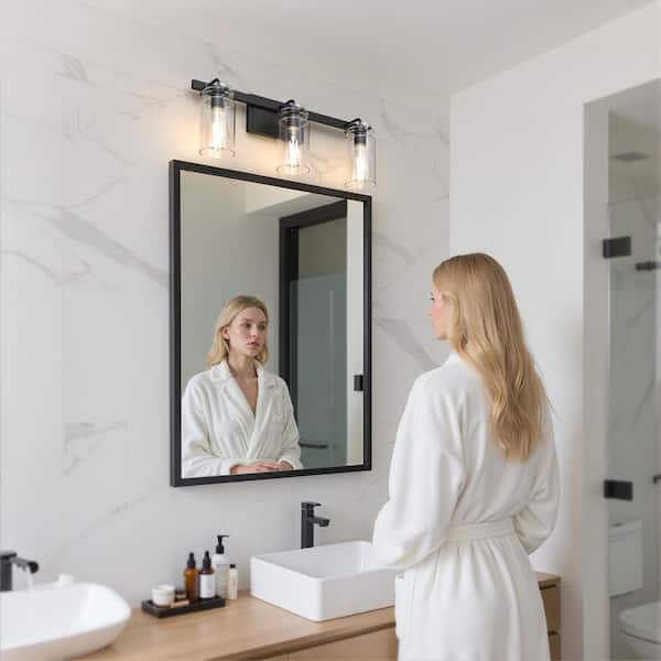 24 in. 3-Light Black Modern Cylinder Vanity Light for Bathroom Mirror with Clear Glass Shades