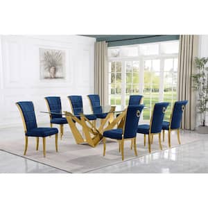 Meryl 9-Piece Rectangular Glass Top Gold Stainless Steel Base Dining Set With 8 Navy Blue Velvet Gold Chrome Leg Chairs