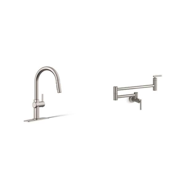 Clarus Pull Down Sprayer Kitchen Faucet and Wall Mount 5.2 GPM Pot Filler in Vibrant Stainless