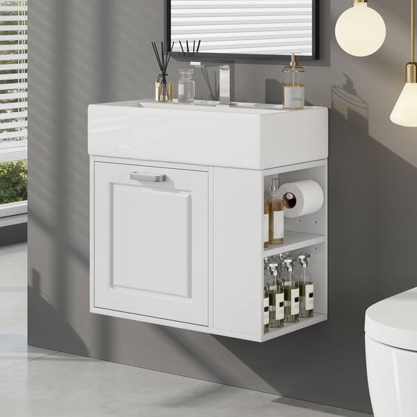 21.8 in. Single Sink Floating White Bath Vanity with White Ceramic Top, 1-Drawers, Adjustable Open Shelf