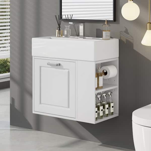 21.8 in. Single Sink Floating White Bath Vanity with White Ceramic Top, 1-Drawers, Adjustable Open Shelf