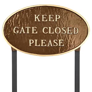 Keep Gate Closed Please Large Oval Statement Plaque with Lawn Stakes Oil Rubbed/Gold