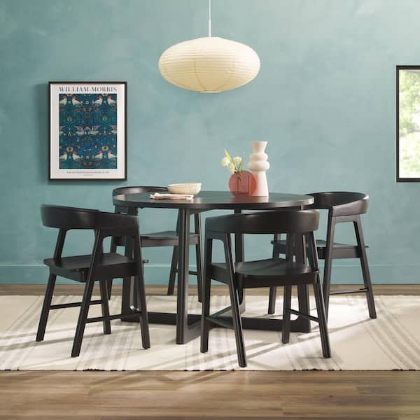 Walker Edison Furniture Company Modern 5-Piece Round Black Wood Top Dining Room Set with Black Wood Chairs and Solid Wood Features, Seats 4
