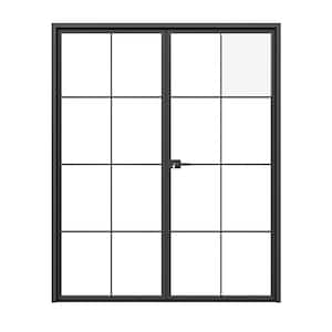 Teza 28 Series 61 in. x 80 in. Right Hand Matte Black Aluminum Prehung Tempered Glass Interior Door with Hardware