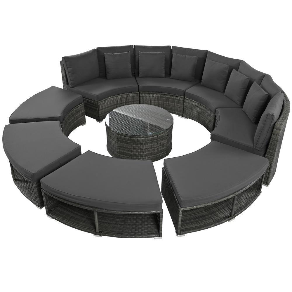 9-Piece Wicker Patio Conversation Set with Gray Cushions, Patio Furniture S