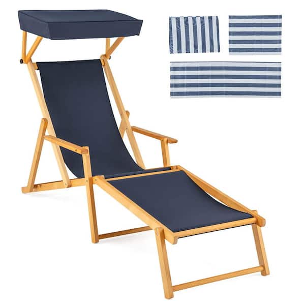 Costway Navy Birch Wood Chaise Lounge Chair with Adjustable Canopy Reclining Backrest and Footrest