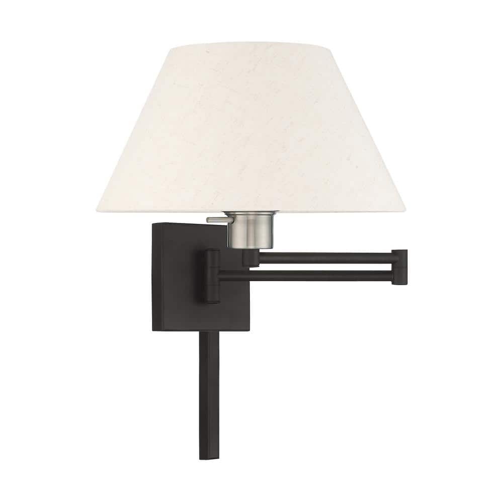 Classic Black Swing Arm Wall Lamp with Oatmeal Fabric Shade