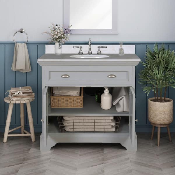 Sadie 38 in. W x 21.5 in. D Vanity in Dove Grey with Marble Vanity Top in Natural White with White Sink