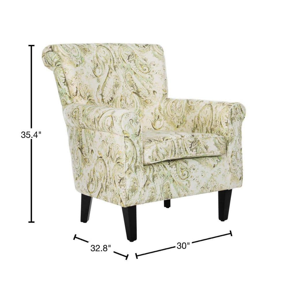 Contemporary Floral Green Linen-Blend Wood Accent Chair