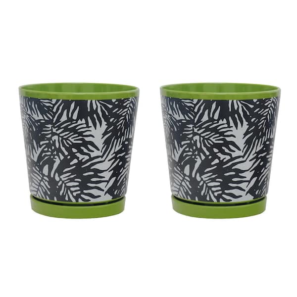 8.75 in. Dia Black Palm Leaf Pattern Melamine Pot with In-Line Saucer (2-Pack)