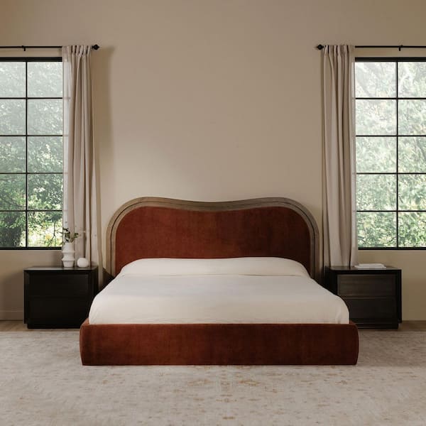 Theodosia Brown Solid Ash Frame Queen Platform Bed with Wave Headboard and Upholstered Detail