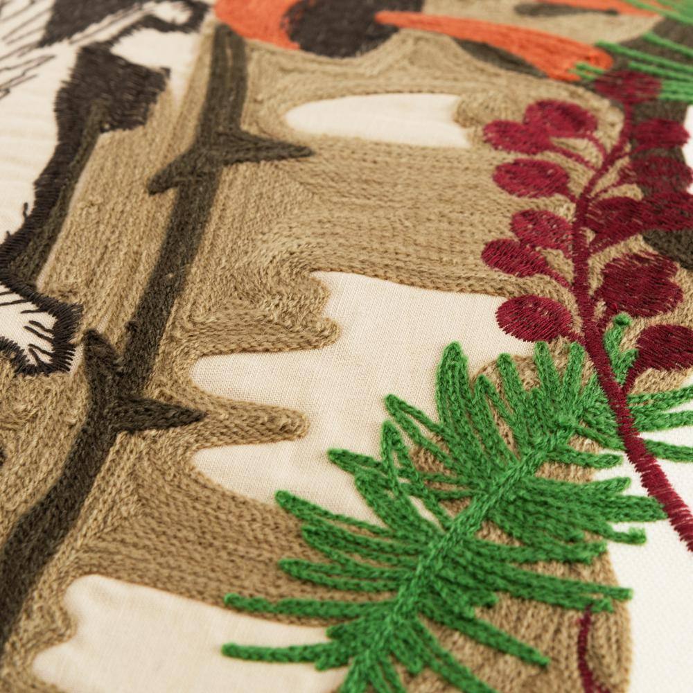Ivory and Multicolor Embroidered Cotton Square Throw Pillow