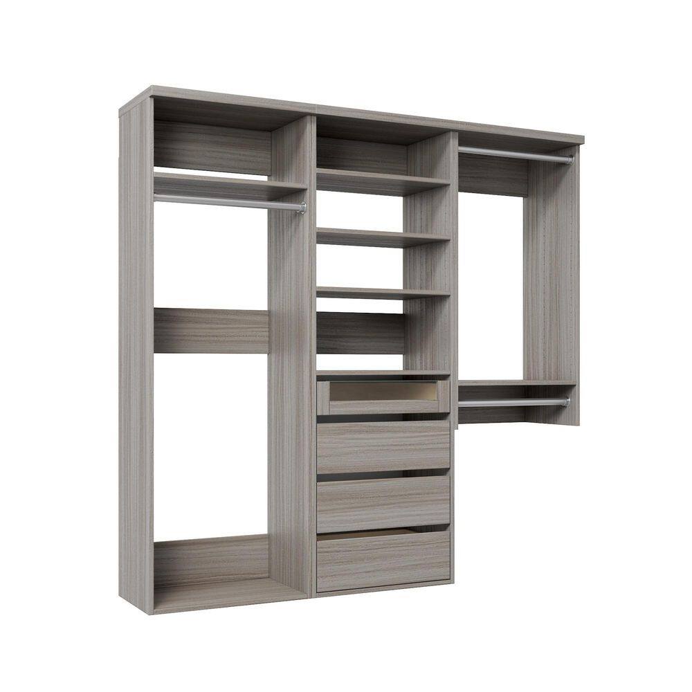 106.5 in. W Grey Oak Reach-in Wall-Mount 3-Rod 4-Reveal-Drawers 5-Shelf Wood Closet System