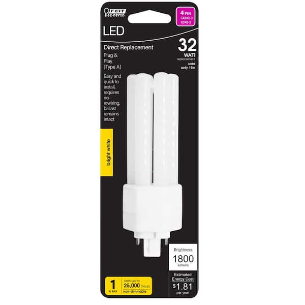 32-Watt Equivalent PL TriTube CFLNI 4-Pin Plug-In GX24Q-3 Base CFL Replacement LED Light Bulb, True White 3500K(24-Pack)
