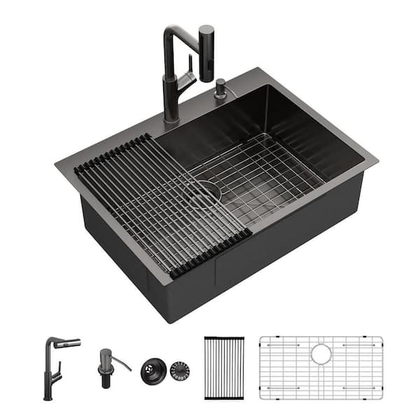 33 in. Gunmetal Black Drop-In Single Bowl Stainless Steel Kitchen Sink with Pull Out Sprayer Faucet and Soap Dispenser