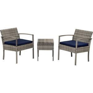 3-Piece Wicker Outdoor Bistro Set Outdoor Conversation Set with Blue Cushions, 2 Armchairs and 1 Table