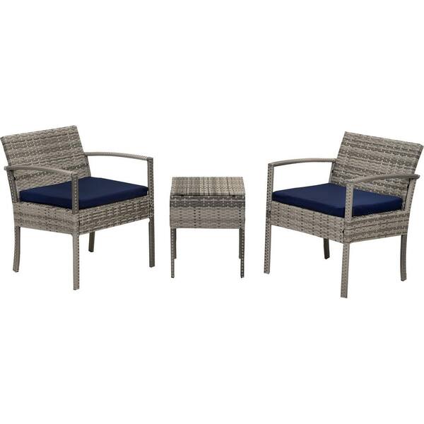 Afoxsos 3-Piece Wicker Outdoor Bistro Set Outdoor Conversation Set with Blue Cushions, 2 Armchairs and 1 Table