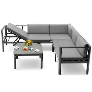 3-Piece Patio Furniture Set Aluminum Lounge Adjust Back Recliner Sofa Table Cushion